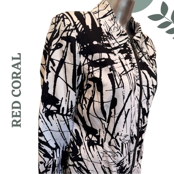 Red Coral Abstract Zip Front Jacket | Longline Lightweight Layer Size Medium - Picture 5 of 7